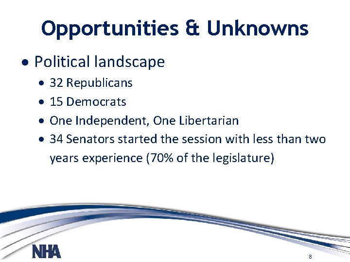 Opportunities & Unknowns Political landscape 32 Republicans 15 Democrats One Independent, One Libertarian 34