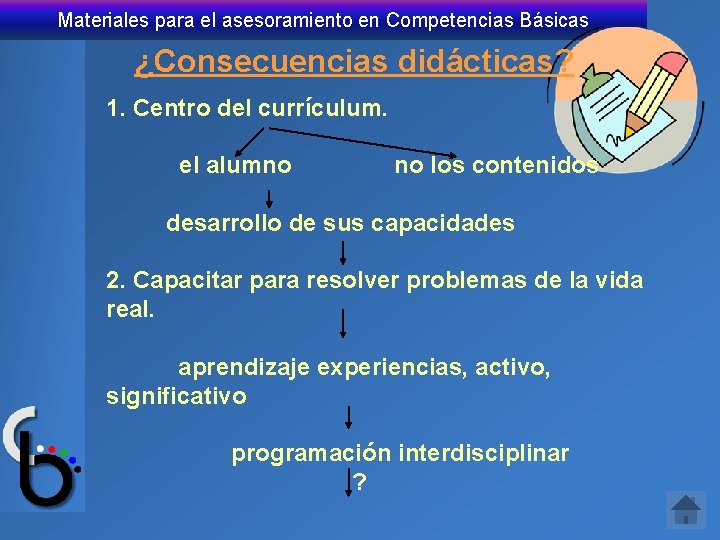 Materiales para el asesoramiento en Competencias Básicas ¿Consecuencias didácticas? 1. Centro del currículum. el