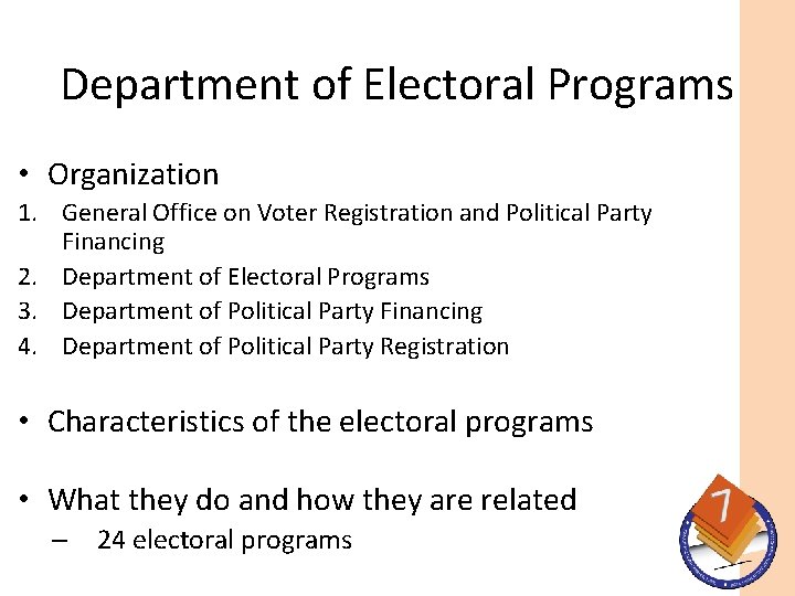 Department of Electoral Programs • Organization 1. General Office on Voter Registration and Political