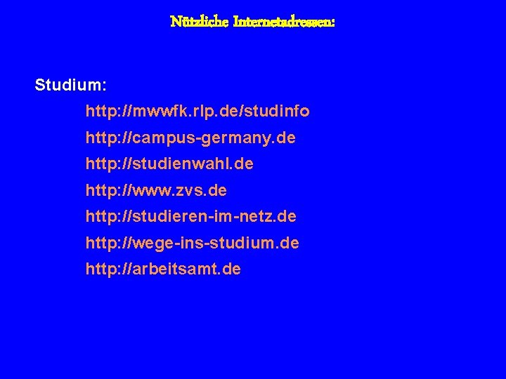 Nützliche Internetadressen: Studium: http: //mwwfk. rlp. de/studinfo http: //campus-germany. de http: //studienwahl. de http: