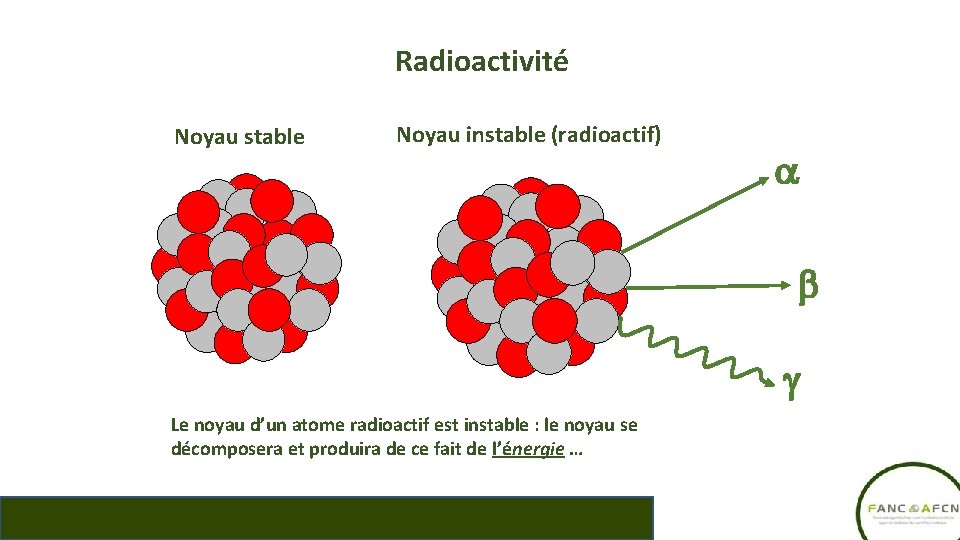 Radioactivité Noyau stable Noyau instable (radioactif) a b g Le noyau d’un atome radioactif