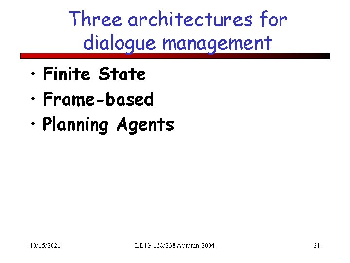 Three architectures for dialogue management • Finite State • Frame-based • Planning Agents 10/15/2021