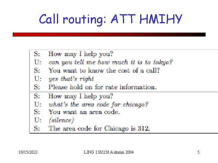 Call routing: ATT HMIHY 10/15/2021 LING 138/238 Autumn 2004 5 