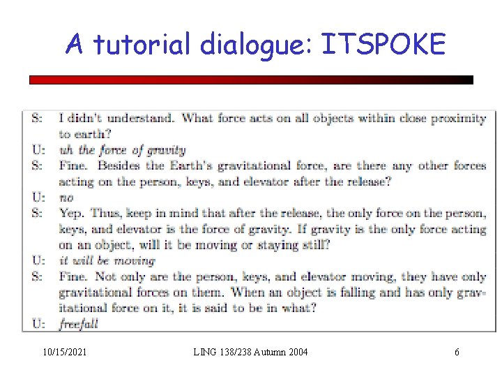 A tutorial dialogue: ITSPOKE 10/15/2021 LING 138/238 Autumn 2004 6 