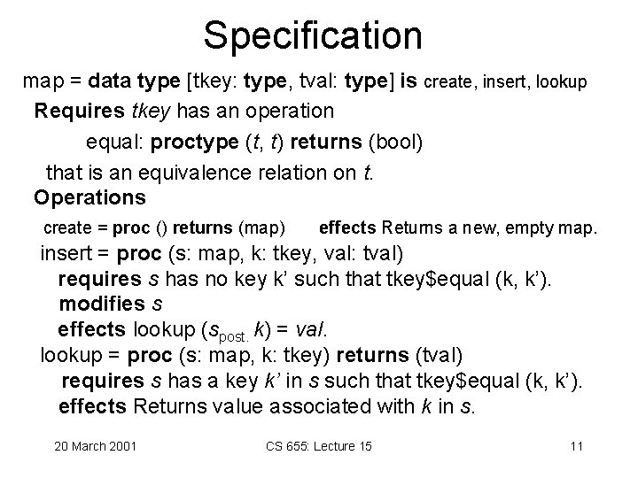 Specification map = data type [tkey: type, tval: type] is create, insert, lookup Requires