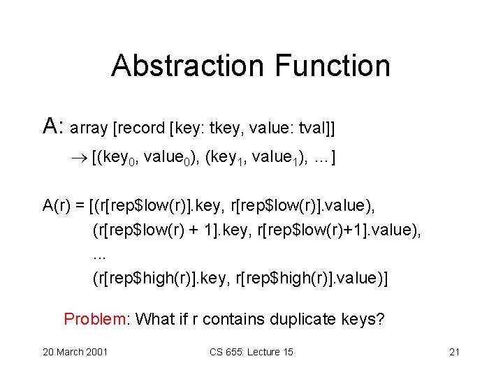 Abstraction Function A: array [record [key: tkey, value: tval]] [(key 0, value 0), (key