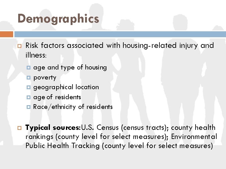 Demographics Risk factors associated with housing-related injury and illness: age and type of housing