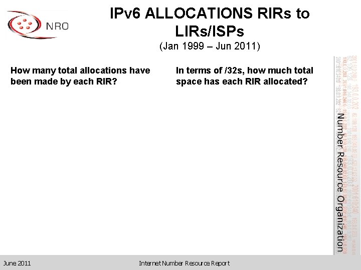 IPv 6 ALLOCATIONS RIRs to LIRs/ISPs (Jan 1999 – Jun 2011) How many total