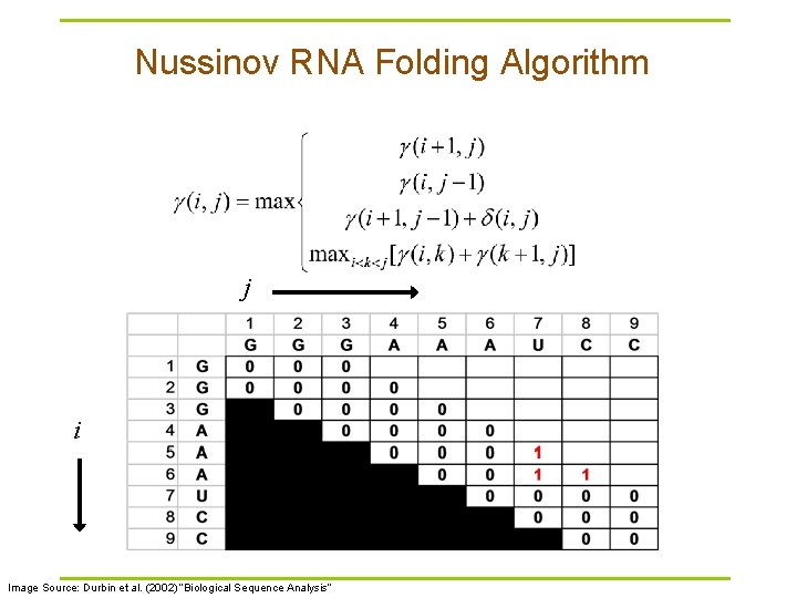 Nussinov RNA Folding Algorithm j i Image Source: Durbin et al. (2002) “Biological Sequence