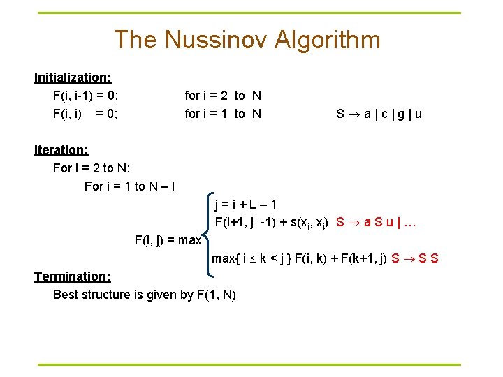 The Nussinov Algorithm Initialization: F(i, i-1) = 0; F(i, i) = 0; for i