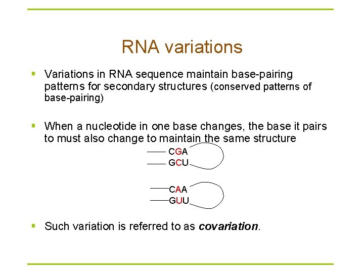 RNA variations § Variations in RNA sequence maintain base-pairing patterns for secondary structures (conserved