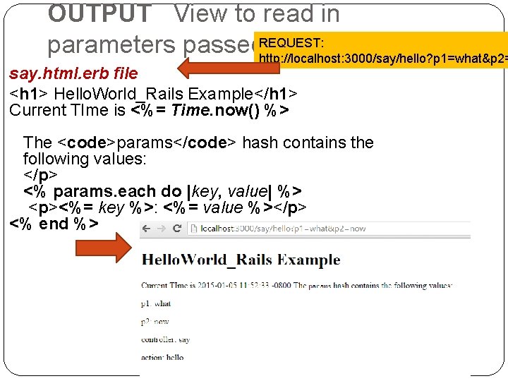 OUTPUT View to read in parameters passed. REQUEST: to URL http: //localhost: 3000/say/hello? p