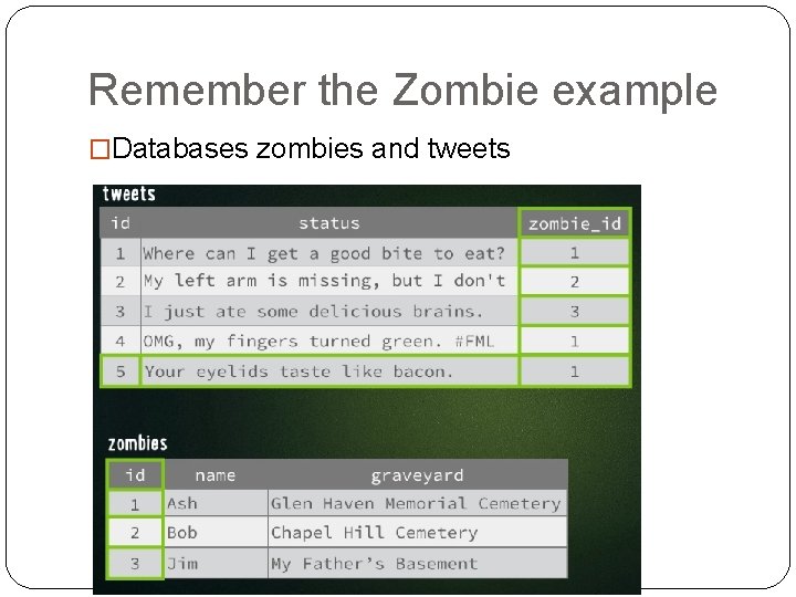 Remember the Zombie example �Databases zombies and tweets 