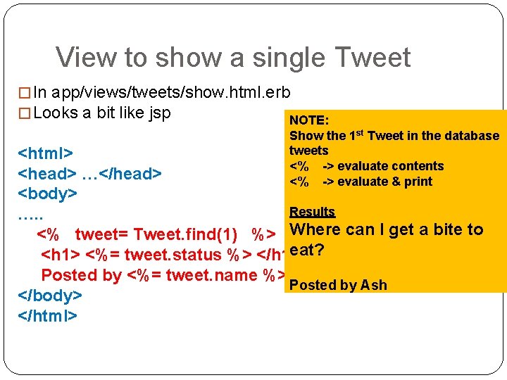 View to show a single Tweet � In app/views/tweets/show. html. erb � Looks a