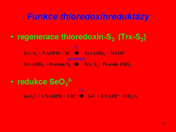 Funkce thioredoxinreduktázy • regenerace thioredoxin-S 2 (Trx-S 2) TR Trx-S 2 + NADPH +