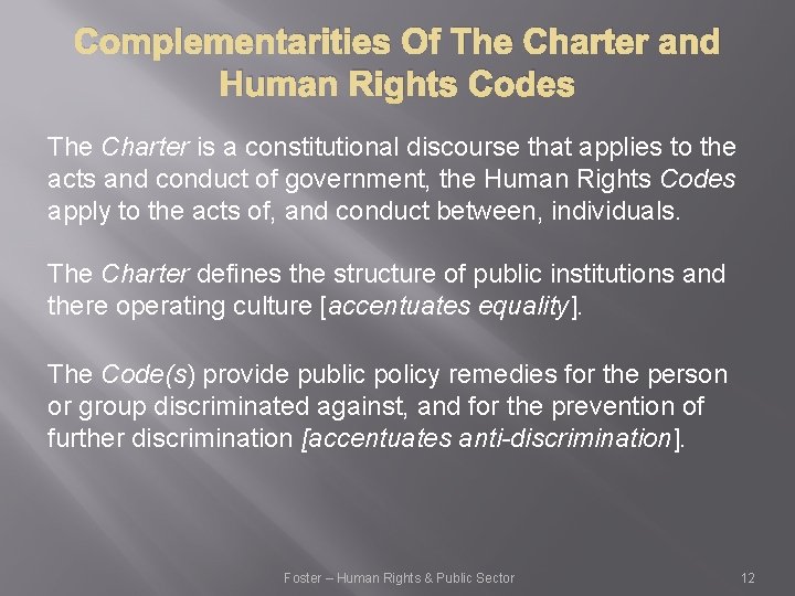 Complementarities Of The Charter and Human Rights Codes The Charter is a constitutional discourse