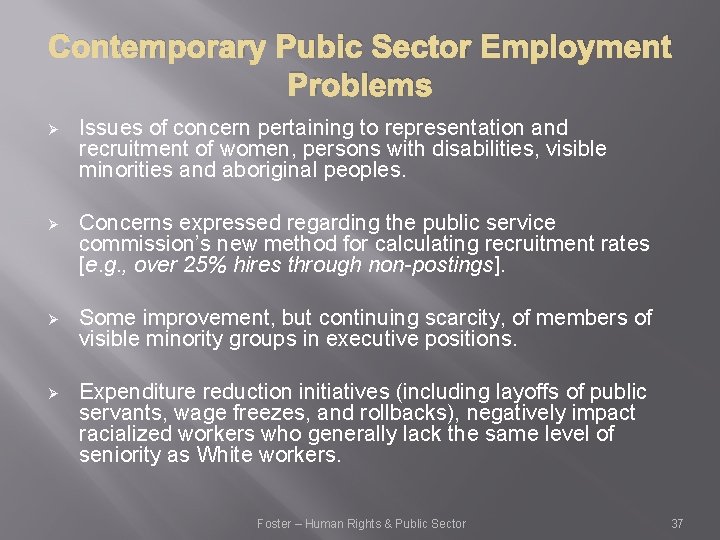 Contemporary Pubic Sector Employment Problems Ø Issues of concern pertaining to representation and recruitment