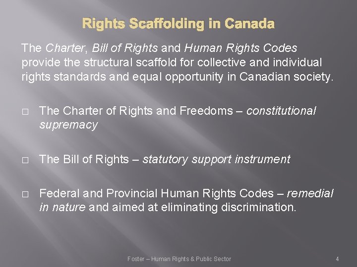 Rights Scaffolding in Canada The Charter, Bill of Rights and Human Rights Codes provide