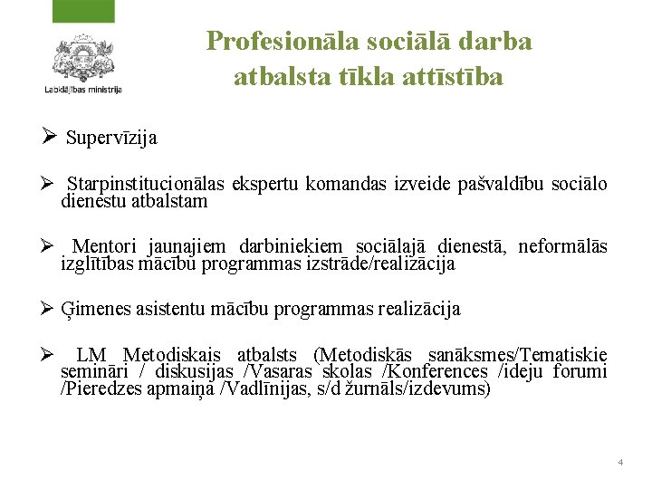 Profesionāla sociālā darba atbalsta tīkla attīstība Ø Supervīzija Ø Starpinstitucionālas ekspertu komandas izveide pašvaldību