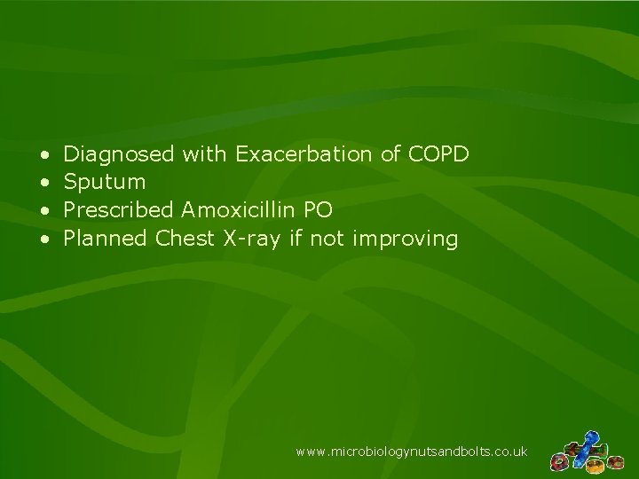 • • Diagnosed with Exacerbation of COPD Sputum Prescribed Amoxicillin PO Planned Chest • • Diagnosed with Exacerbation of COPD Sputum Prescribed Amoxicillin PO Planned Chest