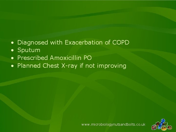  • • Diagnosed with Exacerbation of COPD Sputum Prescribed Amoxicillin PO Planned Chest