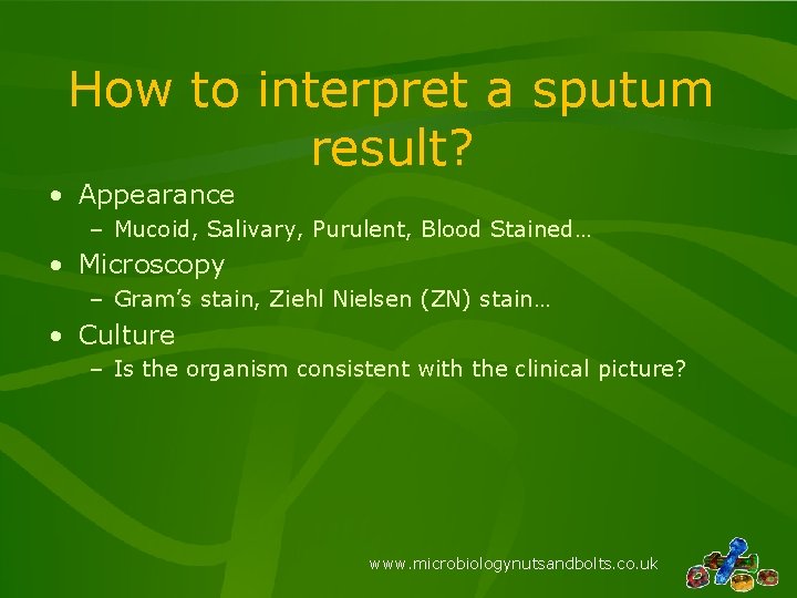 How to interpret a sputum result? • Appearance – Mucoid, Salivary, Purulent, Blood Stained… How to interpret a sputum result? • Appearance – Mucoid, Salivary, Purulent, Blood Stained…