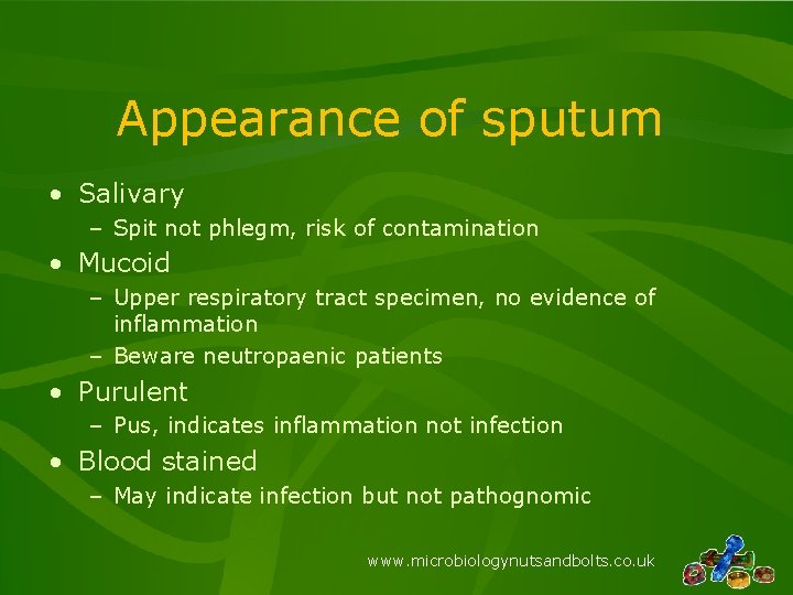 Appearance of sputum • Salivary – Spit not phlegm, risk of contamination • Mucoid Appearance of sputum • Salivary – Spit not phlegm, risk of contamination • Mucoid