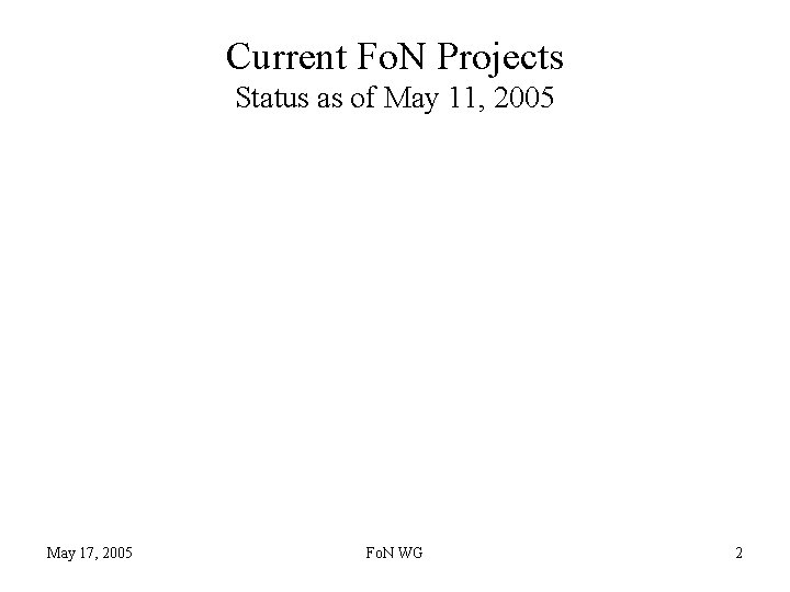 Current Fo. N Projects Status as of May 11, 2005 May 17, 2005 Fo.