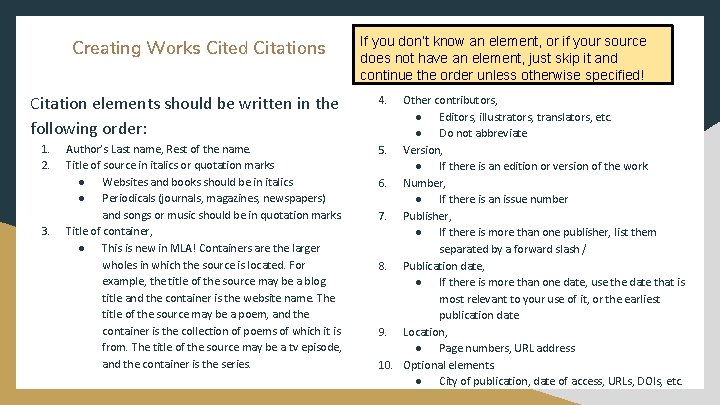 Creating Works Cited Citations Citation elements should be written in the following order: 1.