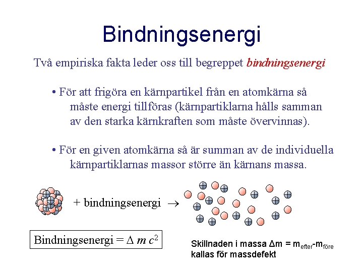 Bindningsenergi Två empiriska fakta leder oss till begreppet bindningsenergi • För att frigöra en