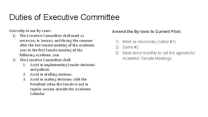 Duties of Executive Committee Currently in our By-Laws: 1) The Executive Committee shall meet