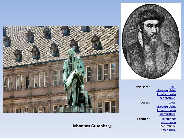Johannes Gutenberg Naissance : 1400 Mayence (Saint Empire romain germanique) Décès : 1468 Mayence