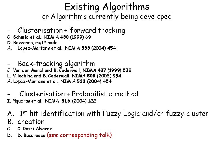 Existing Algorithms or Algorithms currently being developed - Clusterisation + forward tracking - Back-tracking