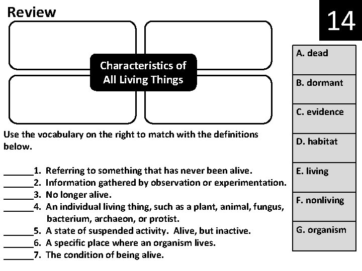 14 Review Characteristics of All Living Things A. dead B. dormant C. evidence Use