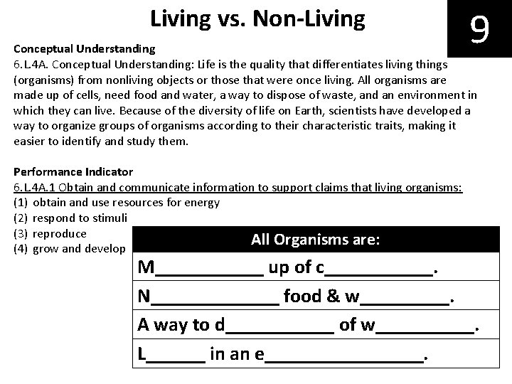 Living vs. Non-Living 9 Conceptual Understanding 6. L. 4 A. Conceptual Understanding: Life is