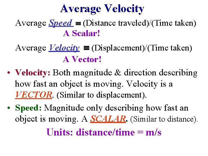Average Velocity Average Speed (Distance traveled)/(Time taken) A Scalar! Average Velocity (Displacement)/(Time taken) A