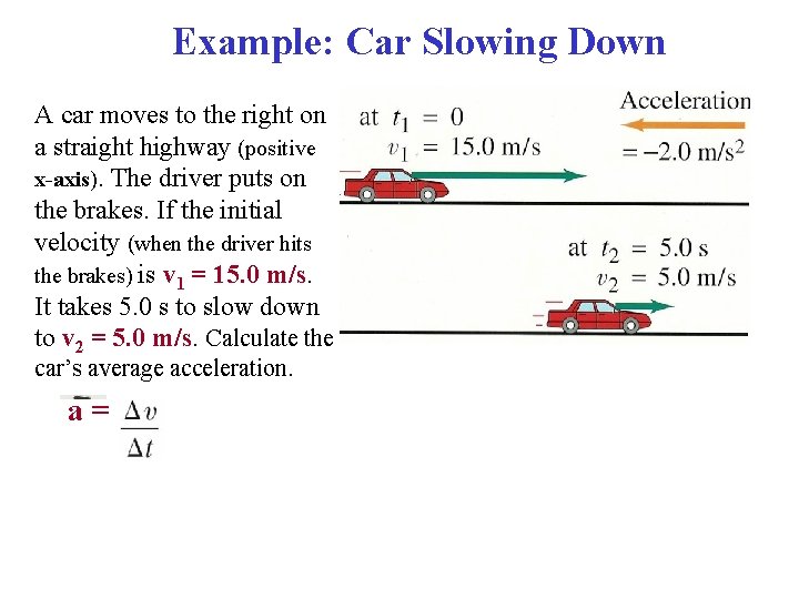Example: Car Slowing Down A car moves to the right on a straight highway