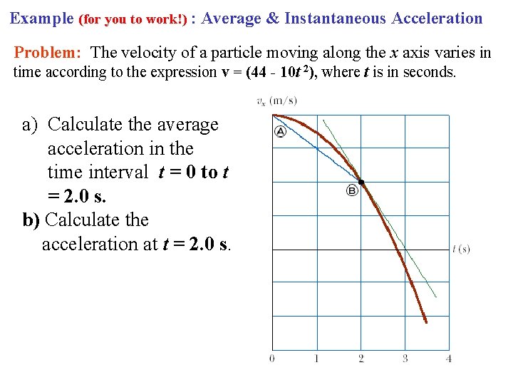 Example (for you to work!) : Average & Instantaneous Acceleration Problem: The velocity of