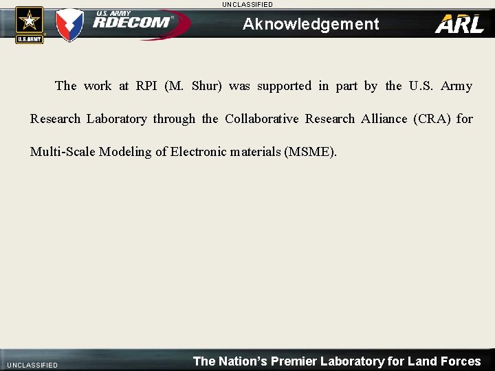 UNCLASSIFIED Aknowledgement The work at RPI (M. Shur) was supported in part by the