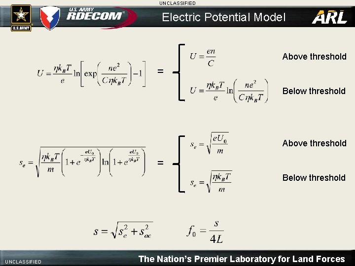 UNCLASSIFIED Electric Potential Model Above threshold = Below threshold UNCLASSIFIED The Nation’s Premier Laboratory