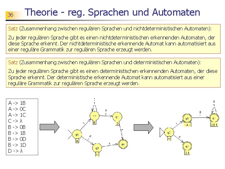 36 Theorie - reg. Sprachen und Automaten Satz (Zusammenhang zwischen regulären Sprachen und nichtdeterministischen