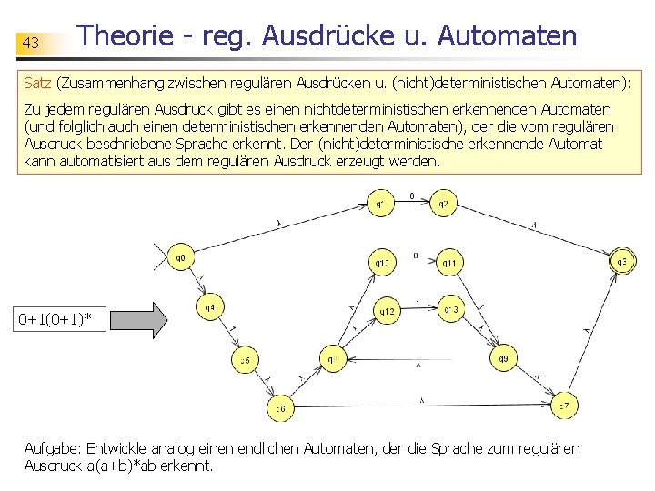 43 Theorie - reg. Ausdrücke u. Automaten Satz (Zusammenhang zwischen regulären Ausdrücken u. (nicht)deterministischen