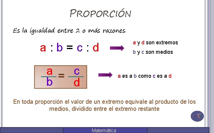 PROPORCIÓN Es la igualdad entre 2 o más razones. a: b=c: d a =