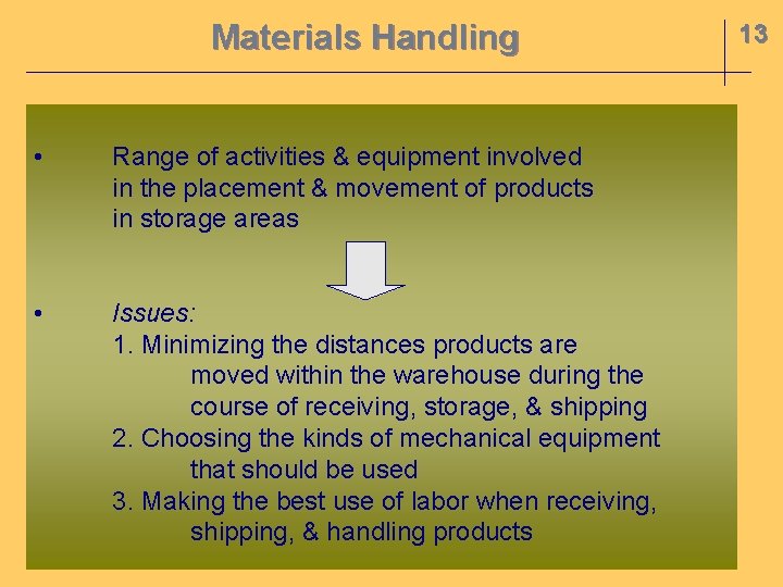 Materials Handling • Range of activities & equipment involved in the placement & movement