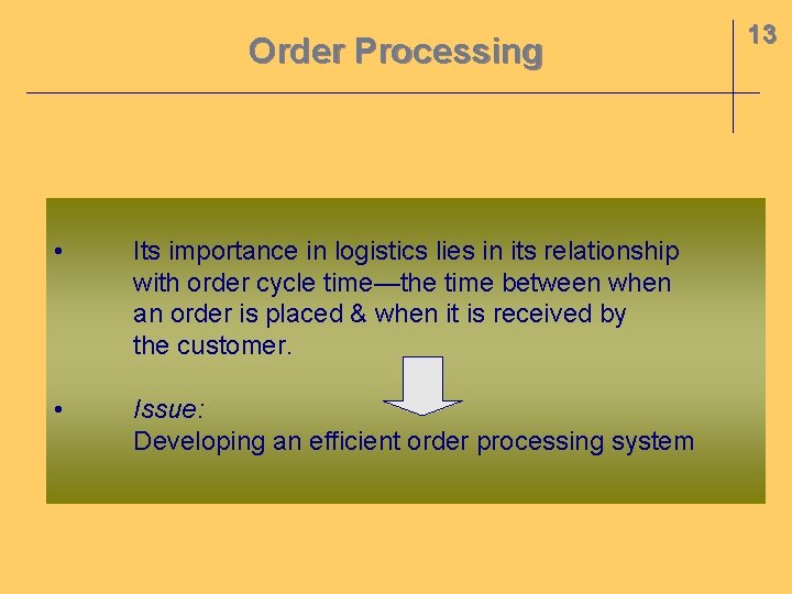 Order Processing • Its importance in logistics lies in its relationship with order cycle