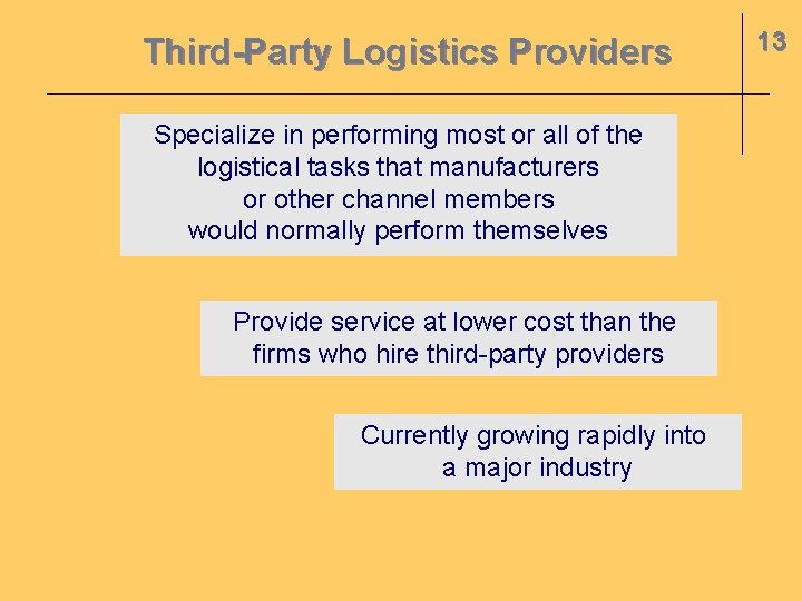 Third-Party Logistics Providers Specialize in performing most or all of the logistical tasks that