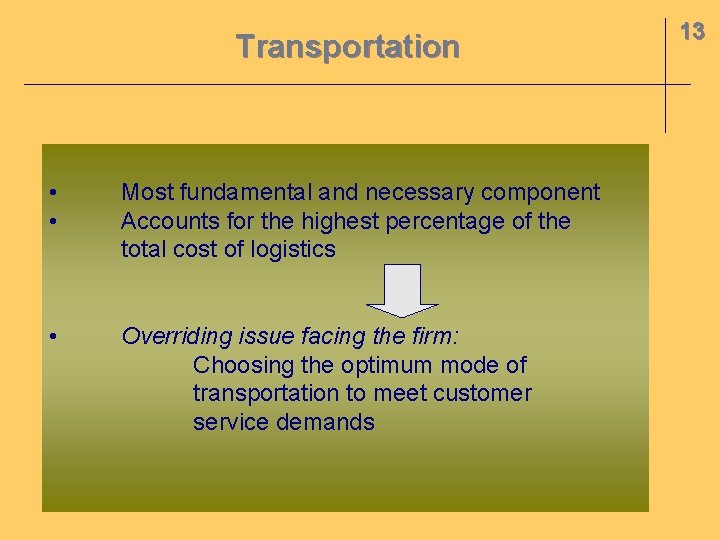 Transportation • • Most fundamental and necessary component Accounts for the highest percentage of
