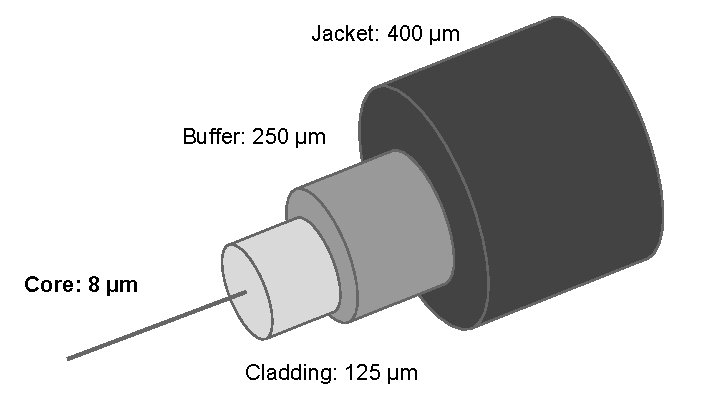 Jacket: 400 µm Buffer: 250 µm Core: 8 µm Cladding: 125 µm 