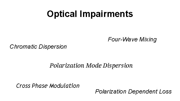 Optical Impairments Four-Wave Mixing Chromatic Dispersion Polarization Mode Dispersion Cross Phase Modulation Polarization Dependent