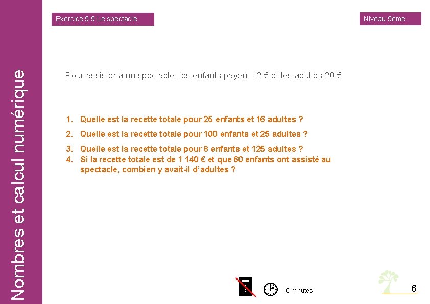 Niveau 5ème Nombres et calcul numérique Exercice 5. 5 Le spectacle Pour assister à